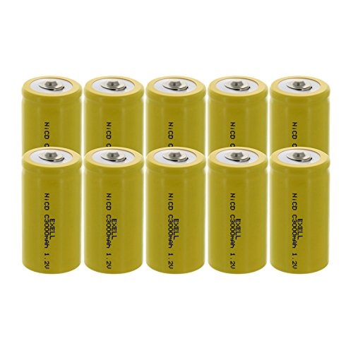 10x Exell C Size 1.2V 3000mAh NiCD Button Top Rechargeable Batteries for toys, instruments/equipment, electric razors, toothbrushes, radio controlled devices, electric tools